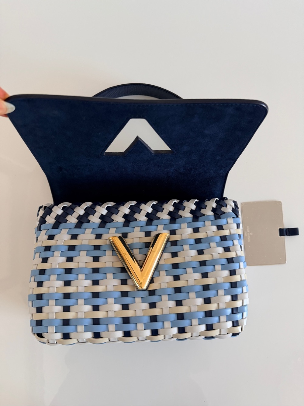Louis Vuitton Navy and White Epi Twist Small Top Handle Bag with Gold Hardware - Picture 12 of 14